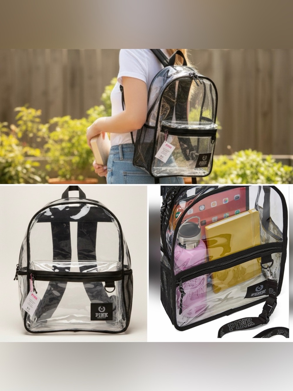 PINK Clear Black Trim Backpack